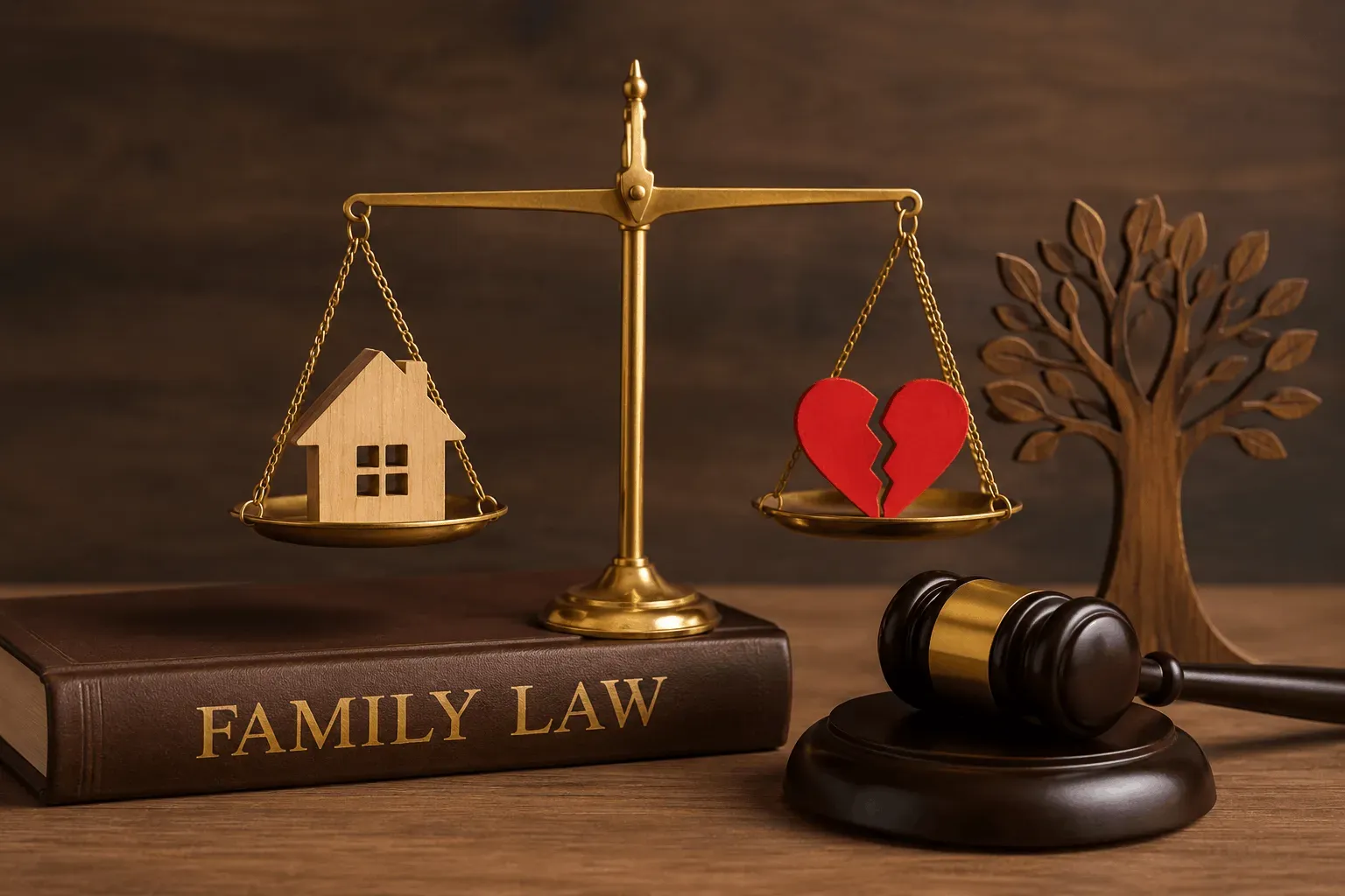 Scales balancing a house and a broken heart beside a family law book