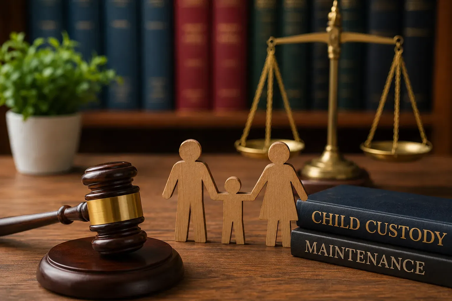 A gavel, scales of justice and family figurines beside child custody and maintenance law books