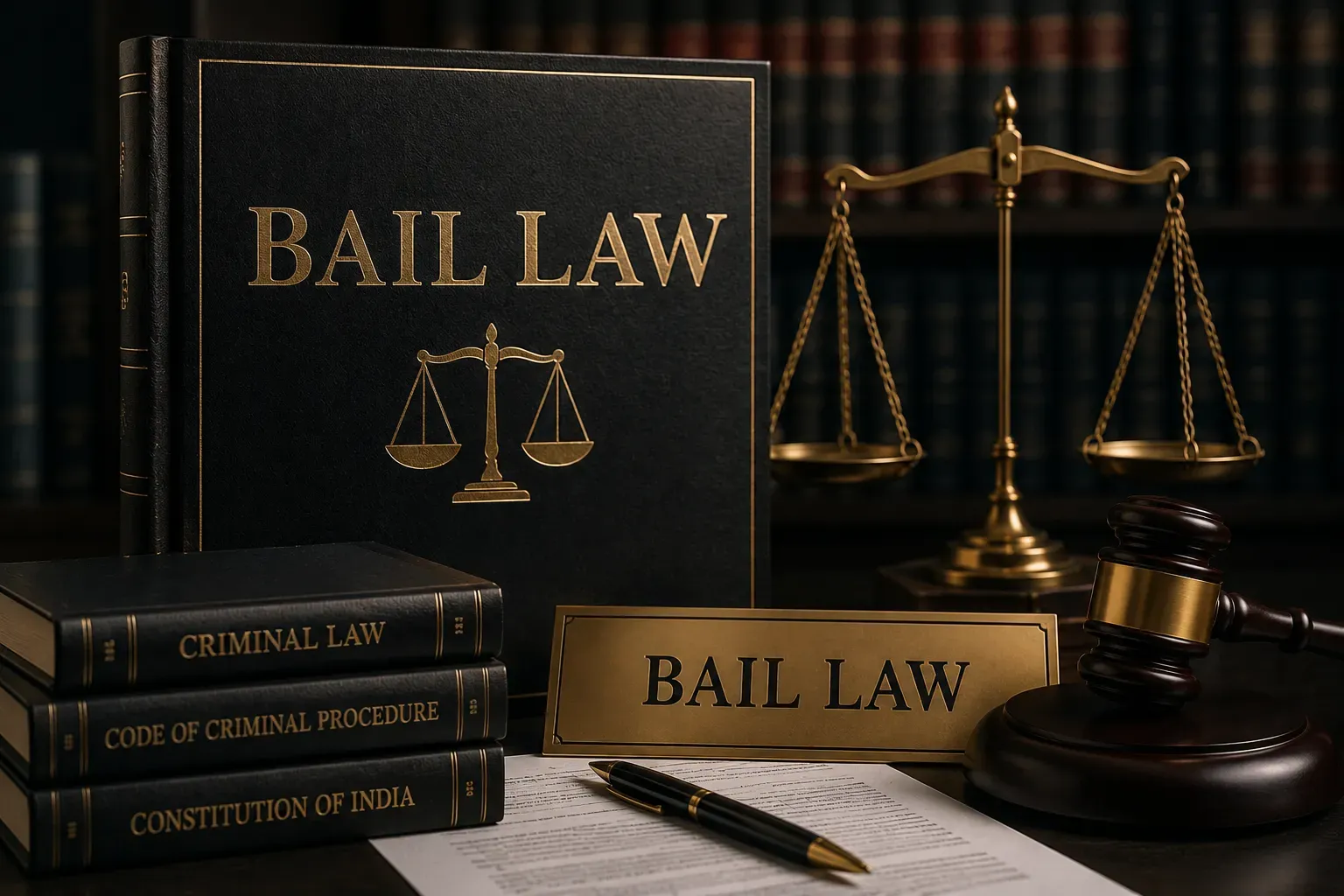 Books on bail law beside the scales of justice
