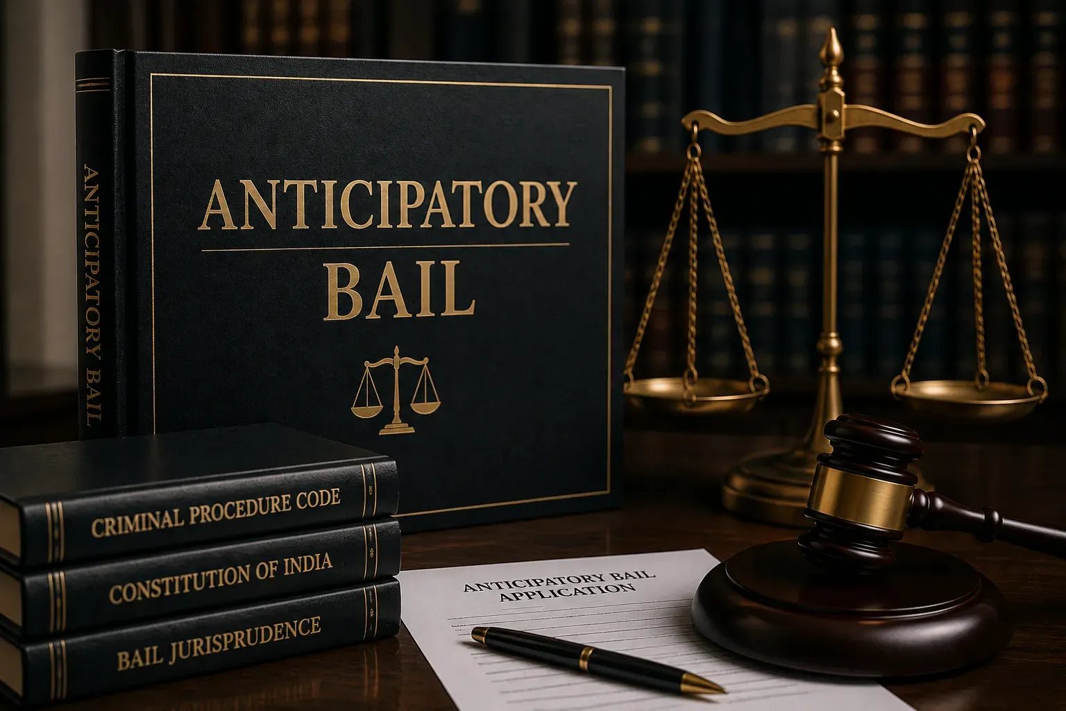 Anticipatory bail law books with scales and a gavel