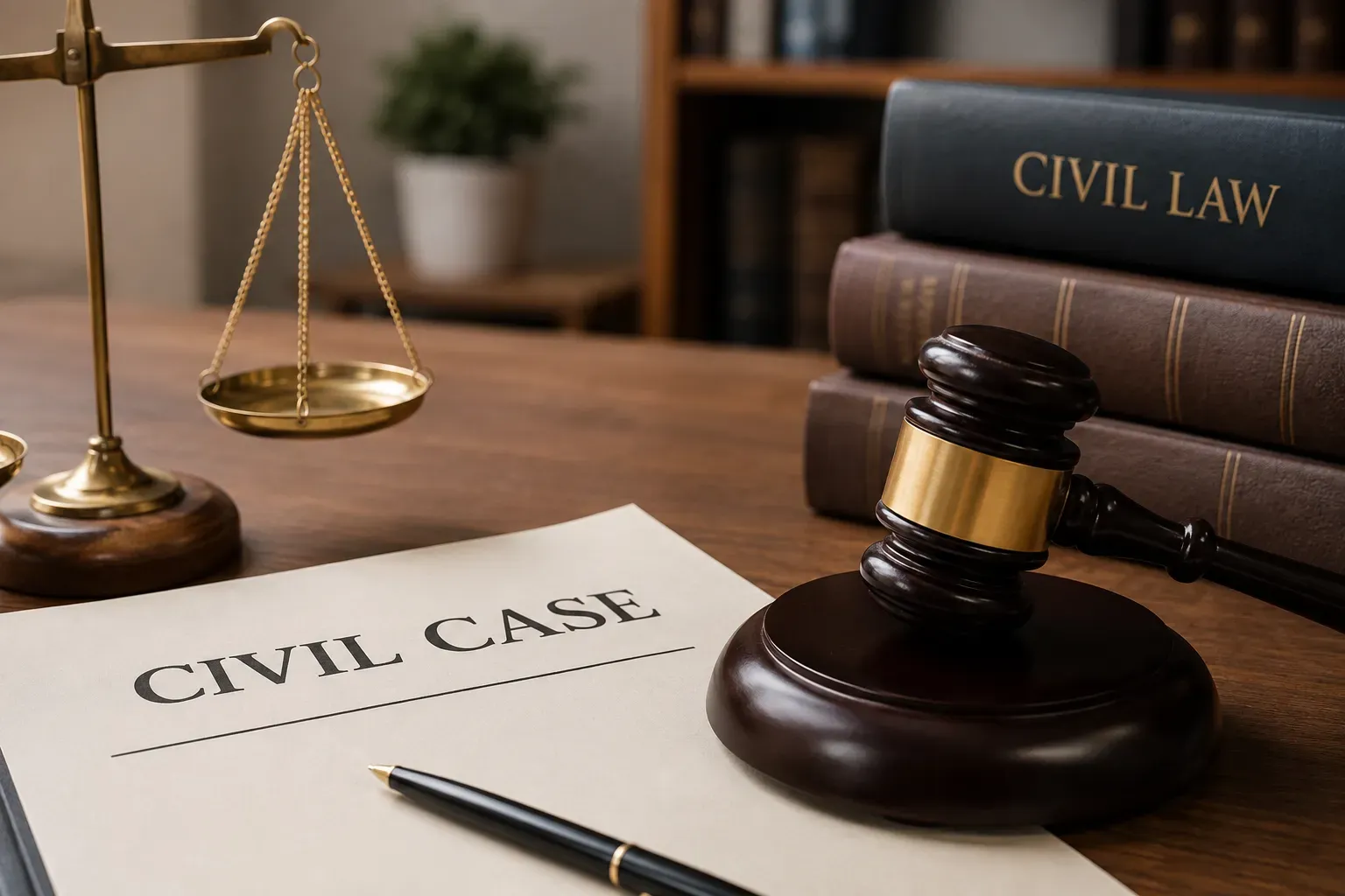 A civil case file with a pen and a gavel
