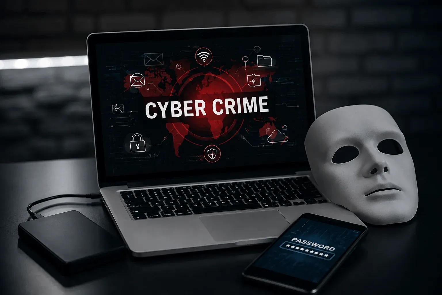 A laptop showing Cyber Crime beside a mask
