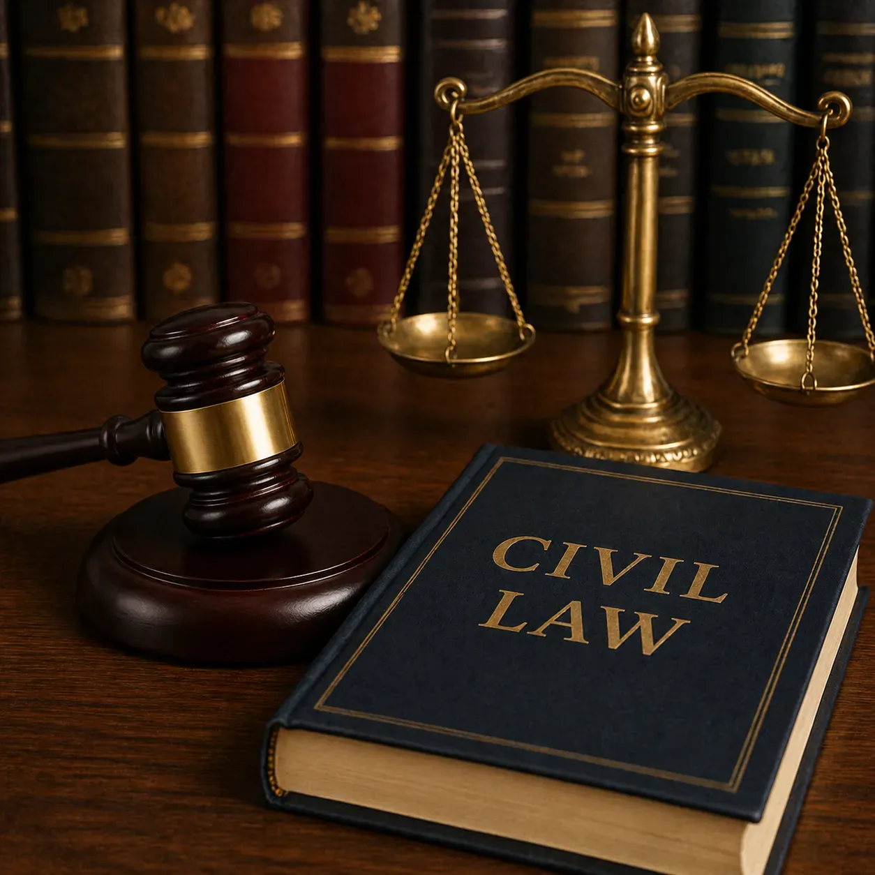 A civil law book beside a gavel and scales