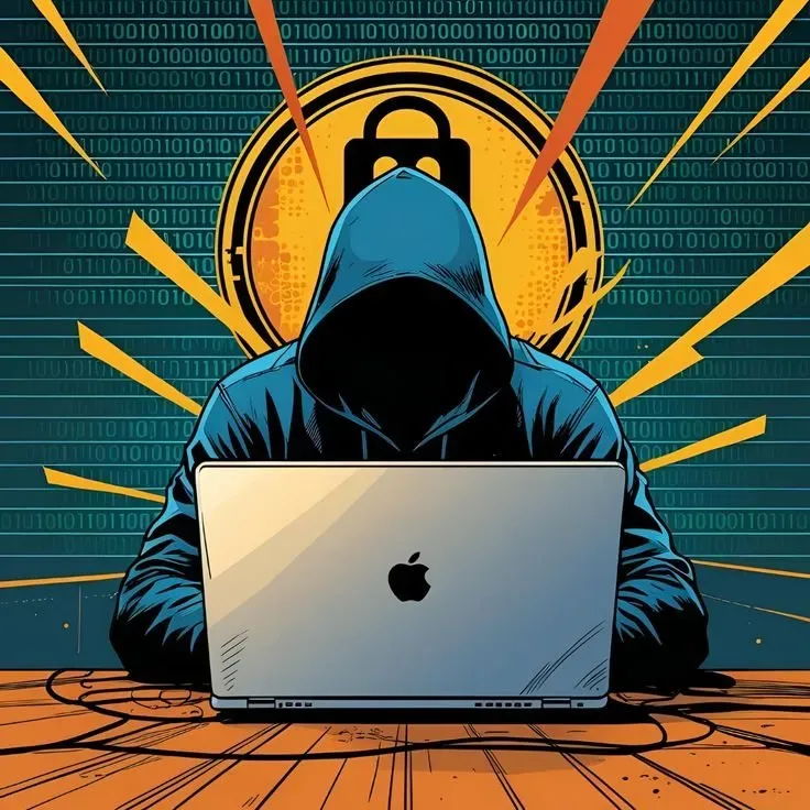 A hooded figure at a laptop, illustrating cyber crime