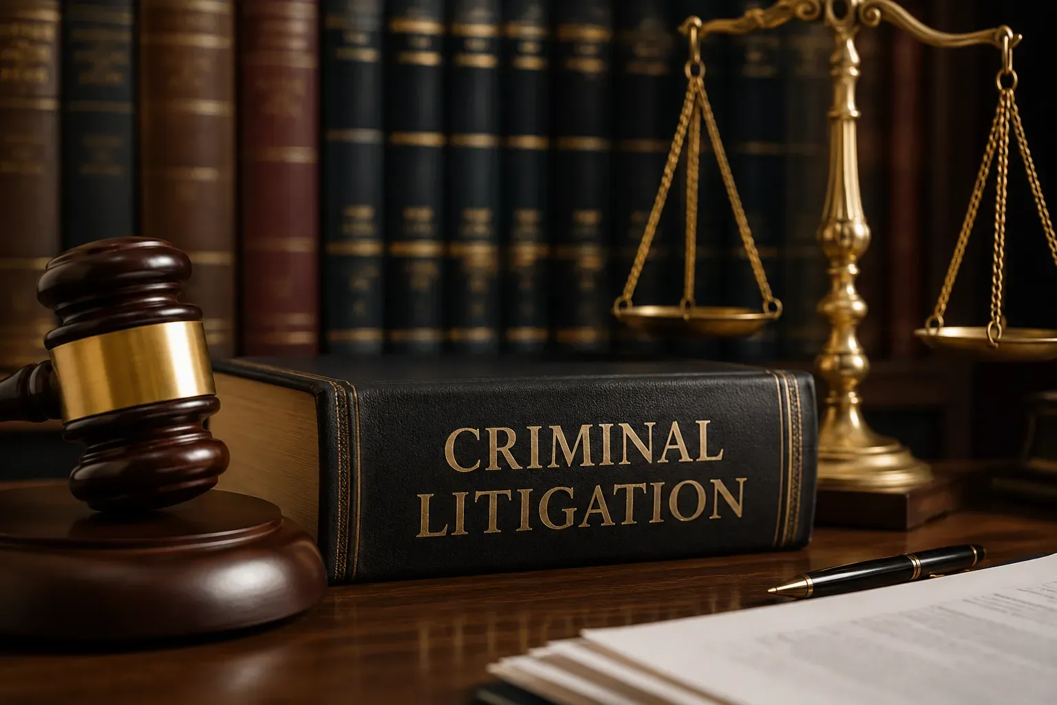 A criminal litigation book with a gavel