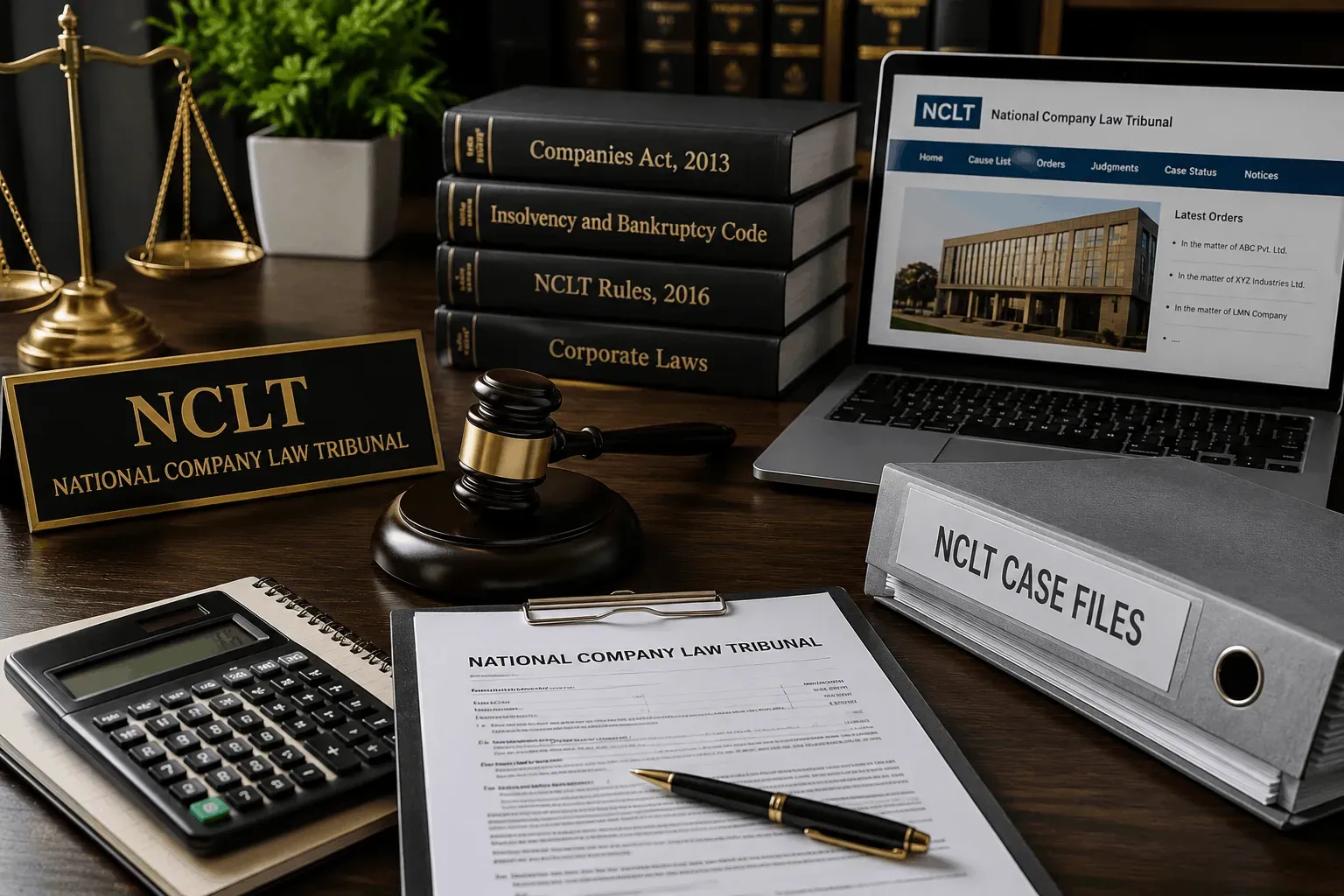 An NCLT nameplate with company law books