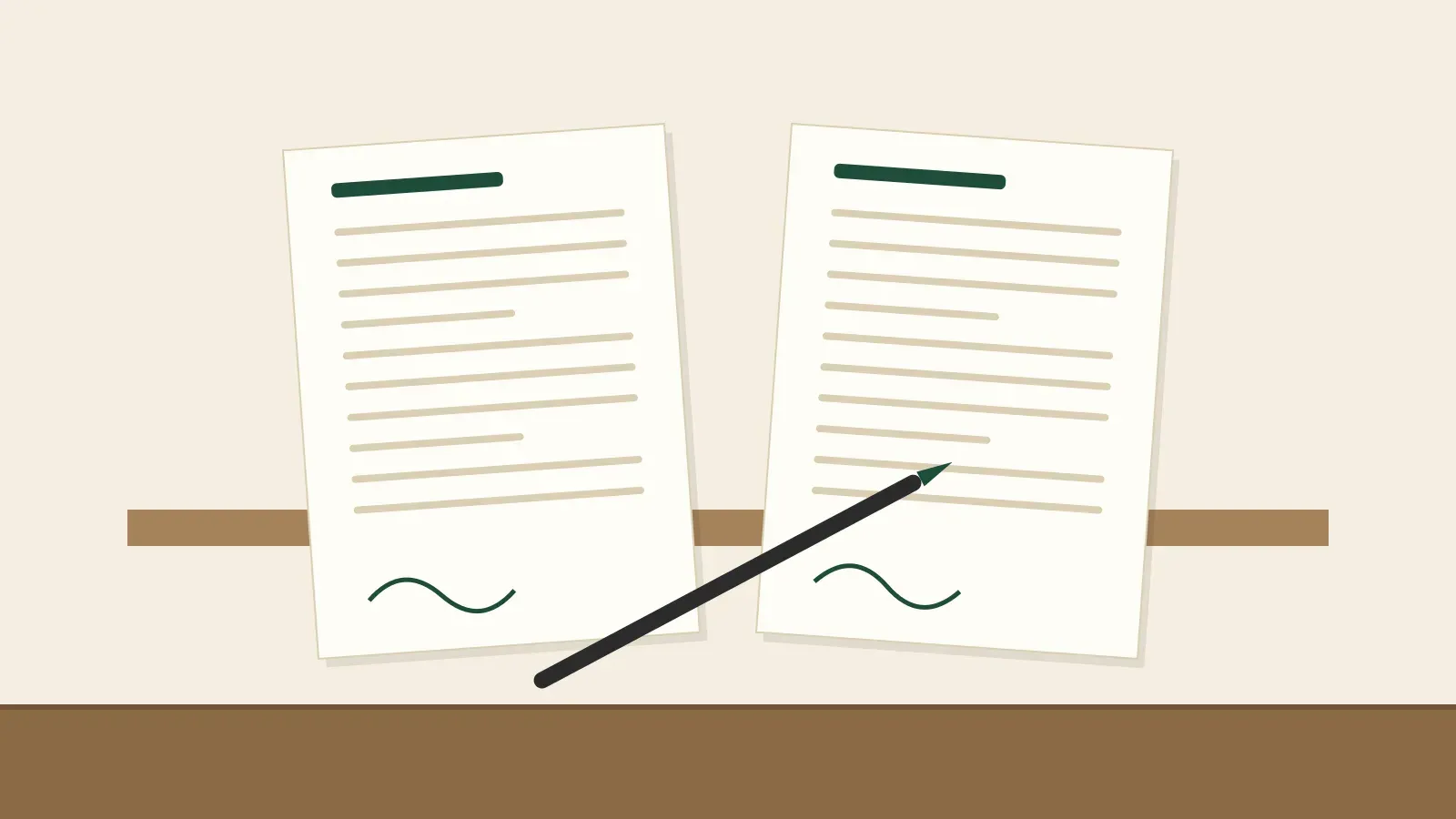 Illustration of two signed copies of a settlement agreement and a pen on a table